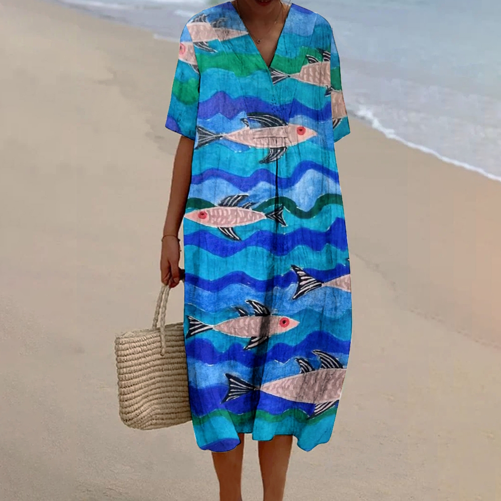 Women's Art Fish Print Linen Dress