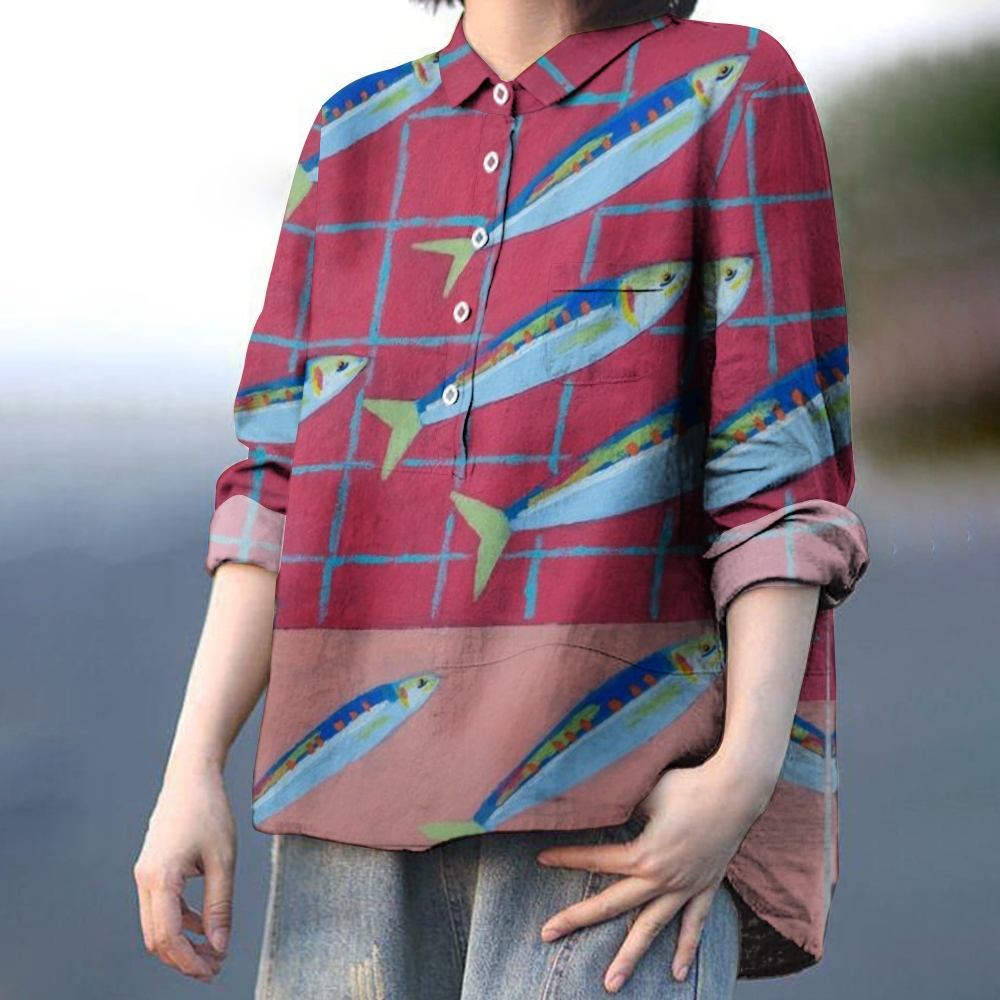 Women's Plaid Patchwork Fish Print Casual Linen Shirt