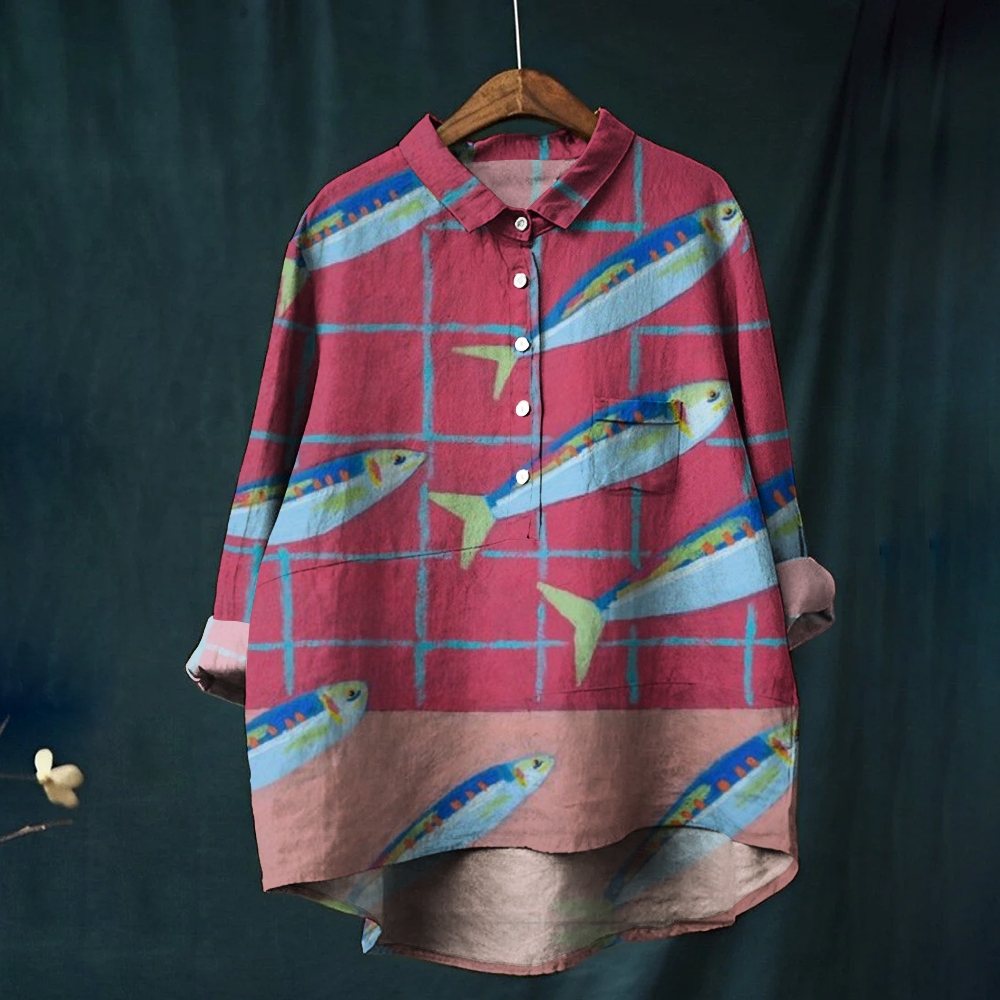 Women's Plaid Patchwork Fish Print Casual Linen Shirt