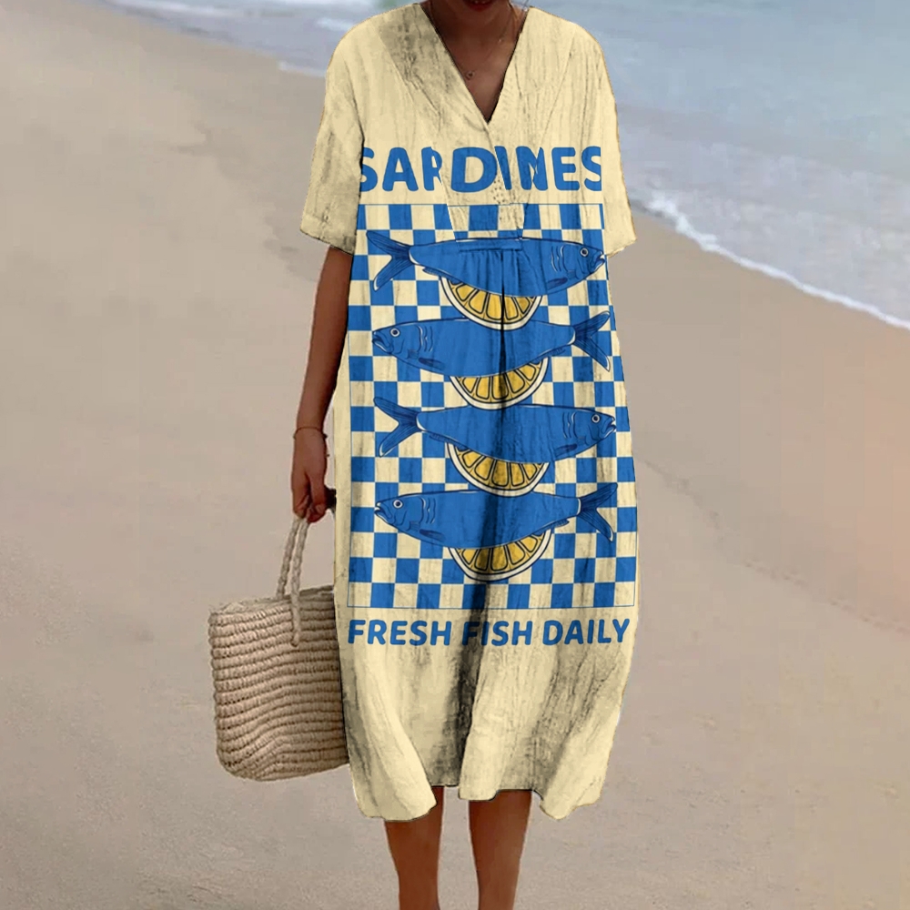 Women's Sardines Fresh Fish Daily Print Flowy Linen Dress
