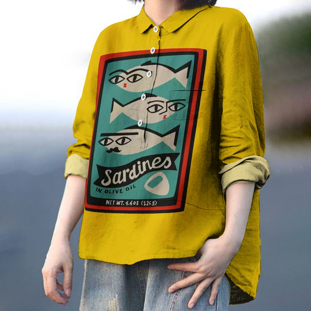Women's Sardines Print Casual Linen Shirt