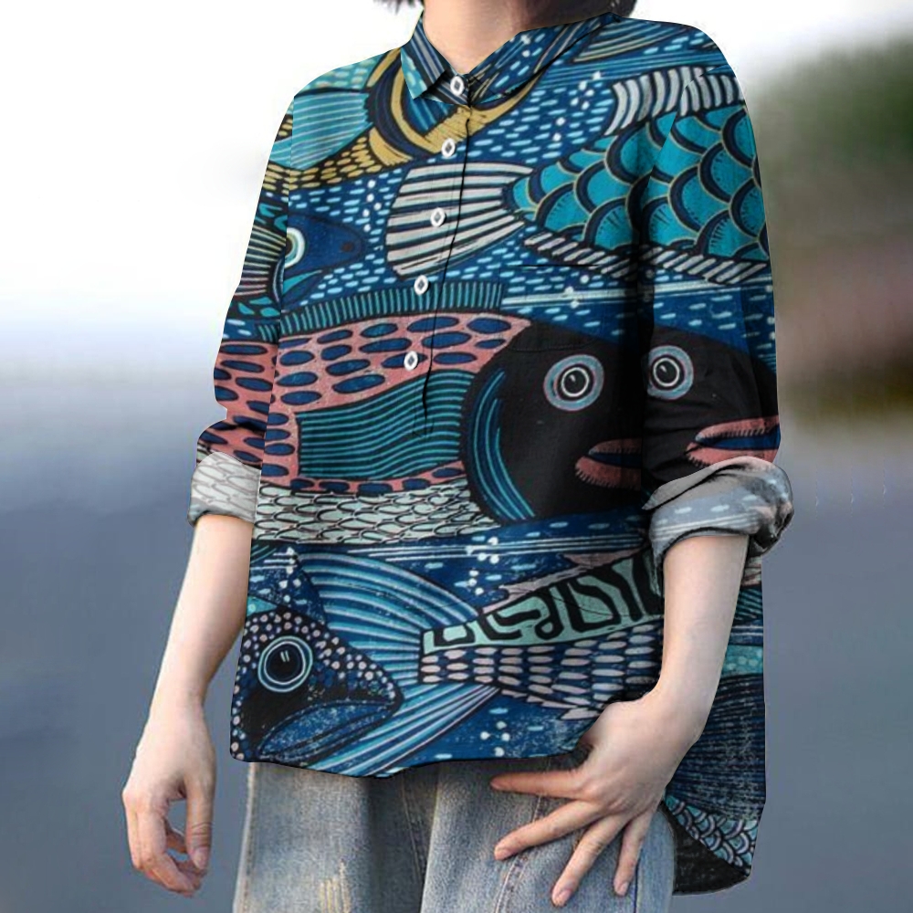 Women's Cartoon Fish Art Print Casual Linen Shirt