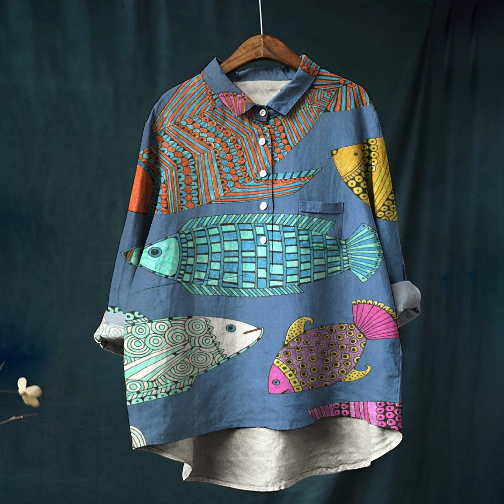 Women's Cartoon Colorblock Fish Print Casual Linen Shirt