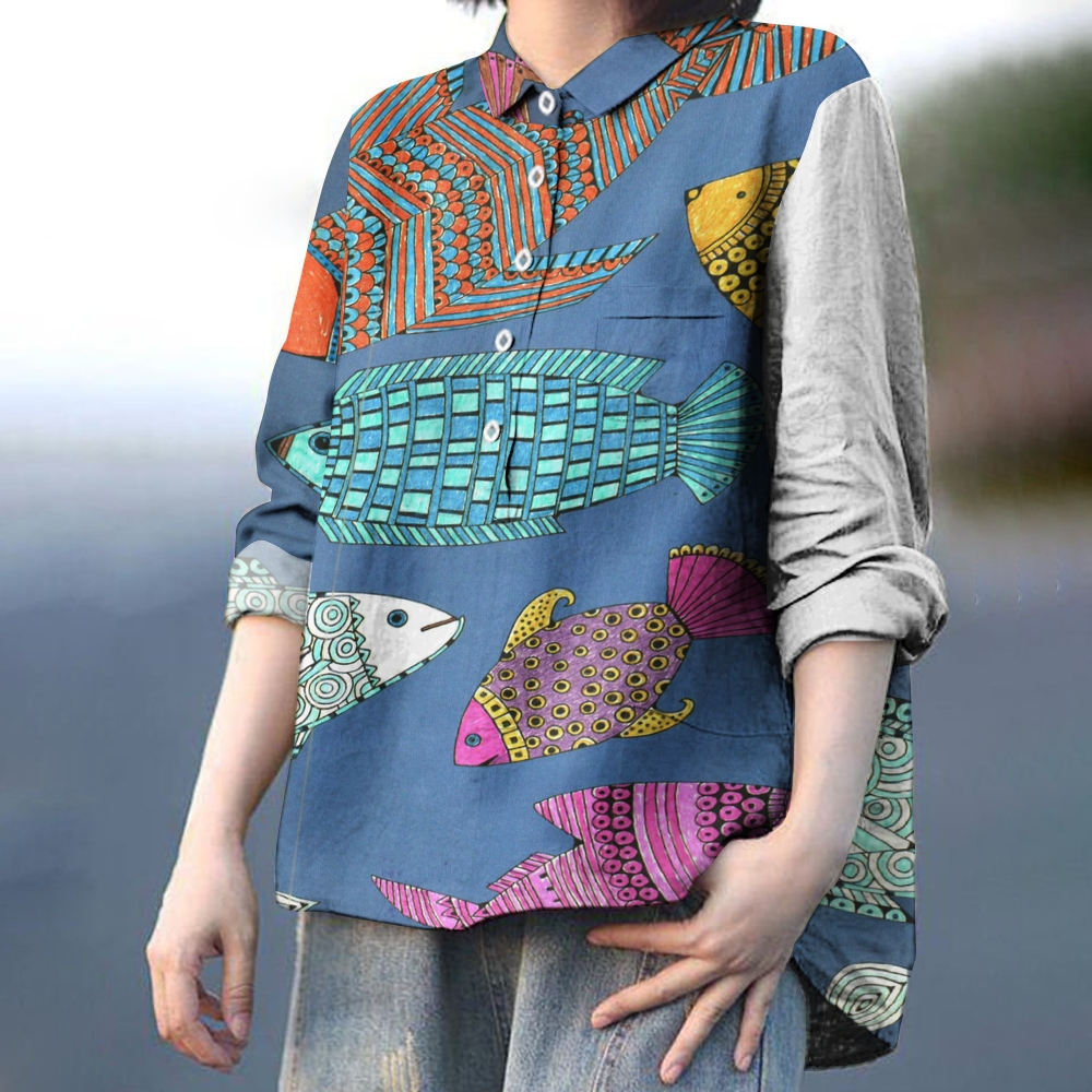 Women's Cartoon Colorblock Fish Print Casual Linen Shirt