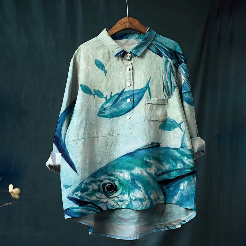 Women's Gradient Fish Print Casual Linen Shirt