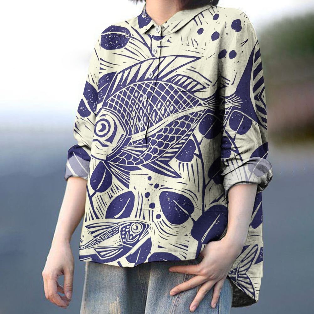 Women's Retro Fish Print Casual Linen Shirt