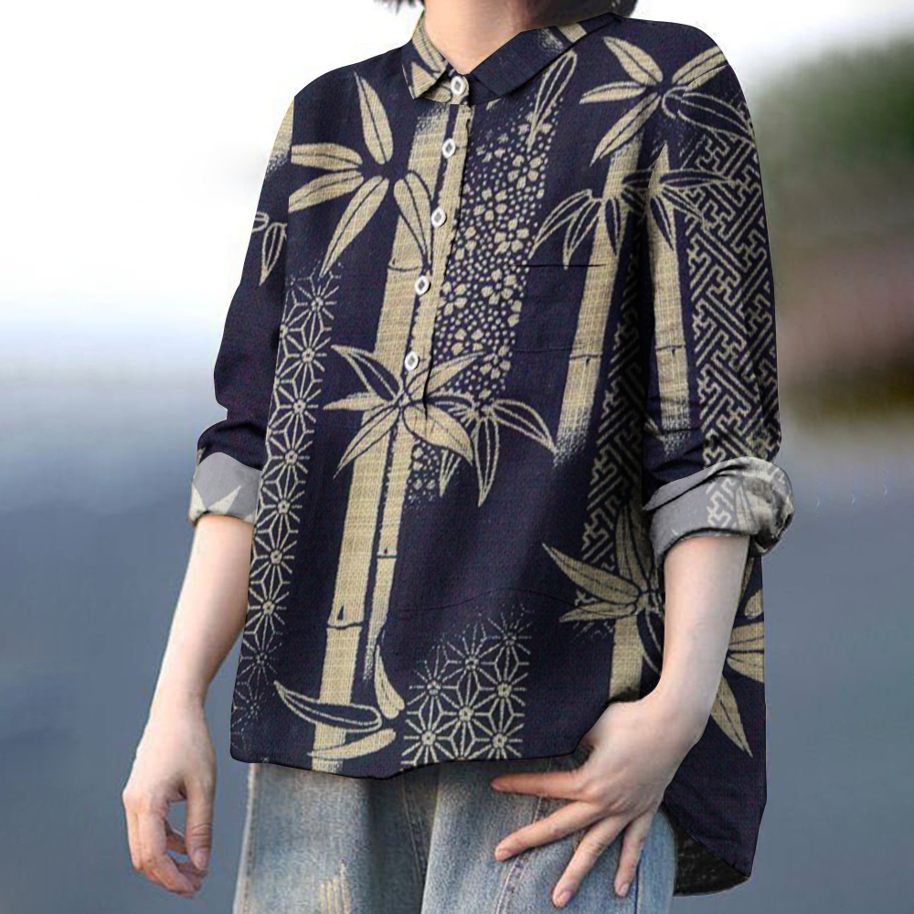 Women's Vintage Bamboo Art Print Casual Linen Shirt