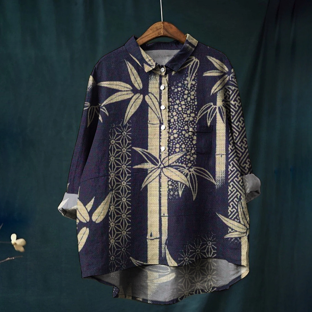 Women's Vintage Bamboo Art Print Casual Linen Shirt