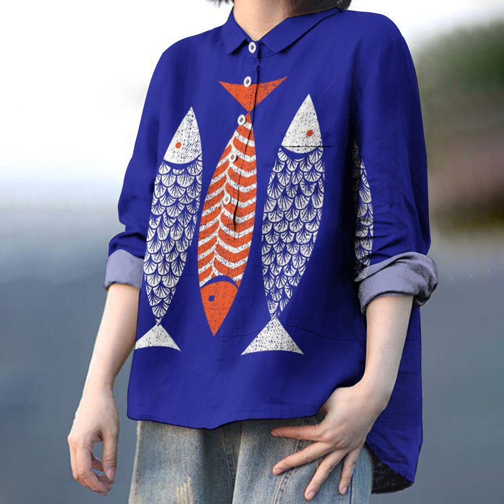 Women's Fish Print Casual Linen Shirt