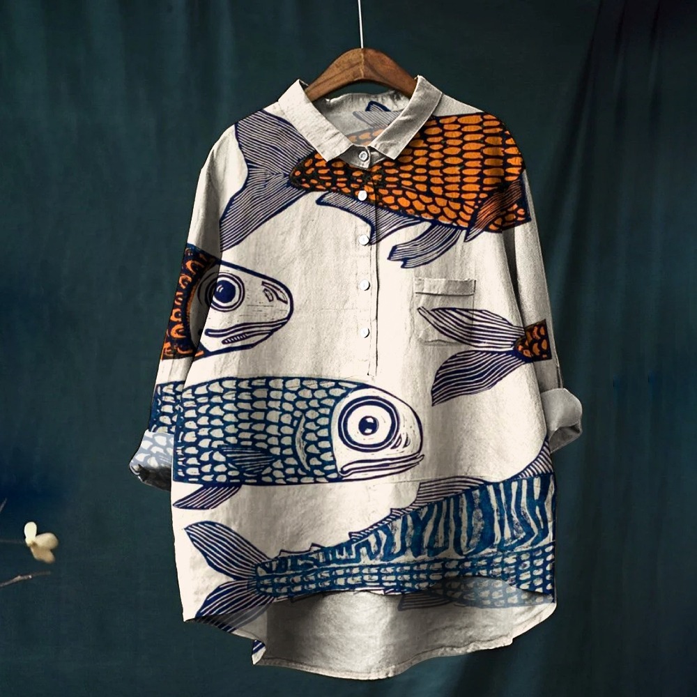 Women's Retro Fish Print Flowy Linen Dress