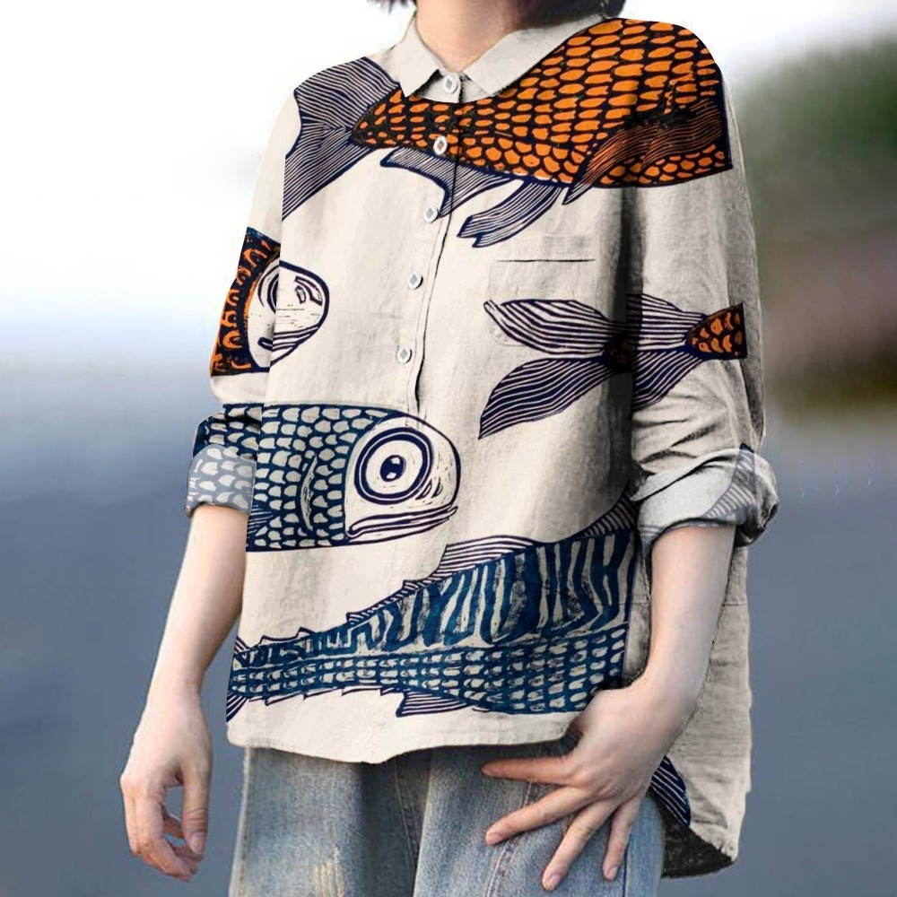 Women's Retro Fish Print Flowy Linen Dress