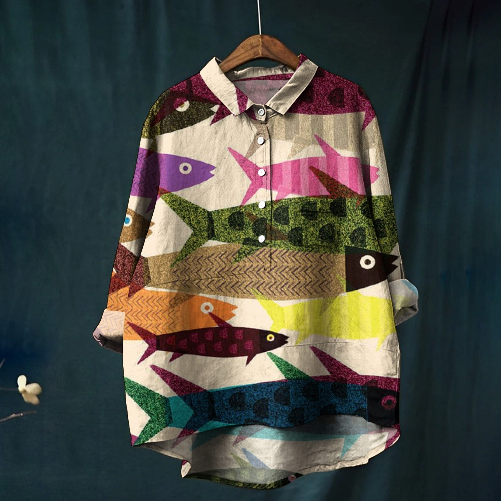 Women's Colorblock Fish Print Casual Linen Shirt