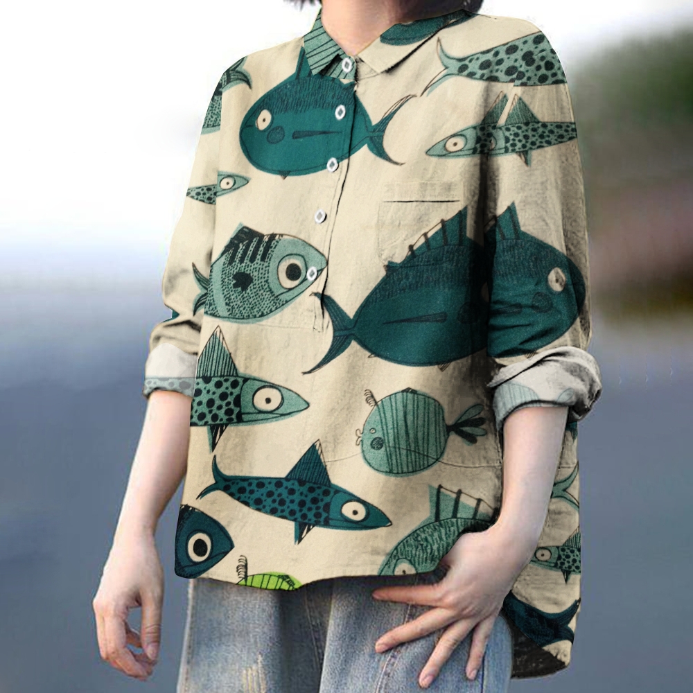 Women's Vintage Fish Print Casual Linen Shirt