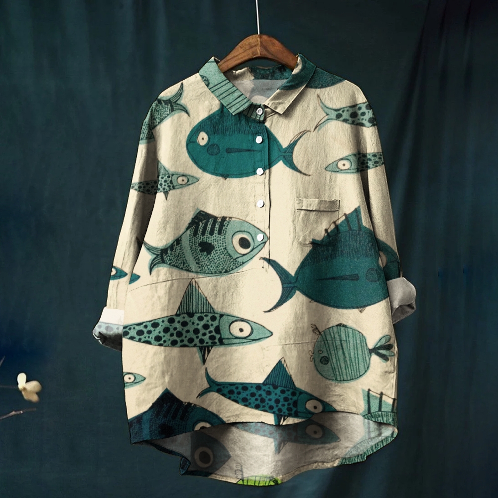 Women's Vintage Fish Print Casual Linen Shirt
