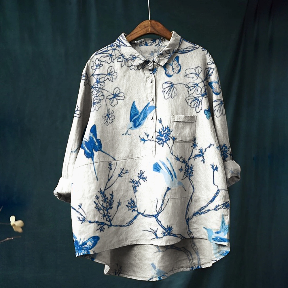 Women's Flowers And Birds Print Casual Linen Shirt