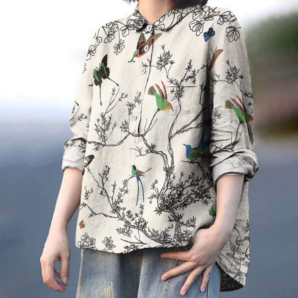 Women's Flowers And Birds Print Casual Linen Shirt