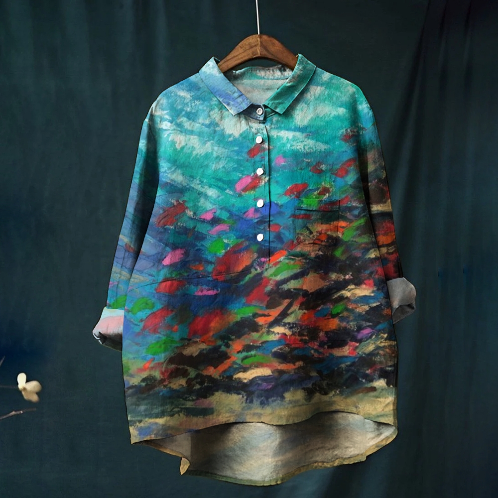 Women's Gradient Color Block Fish Art Print Casual Shirt