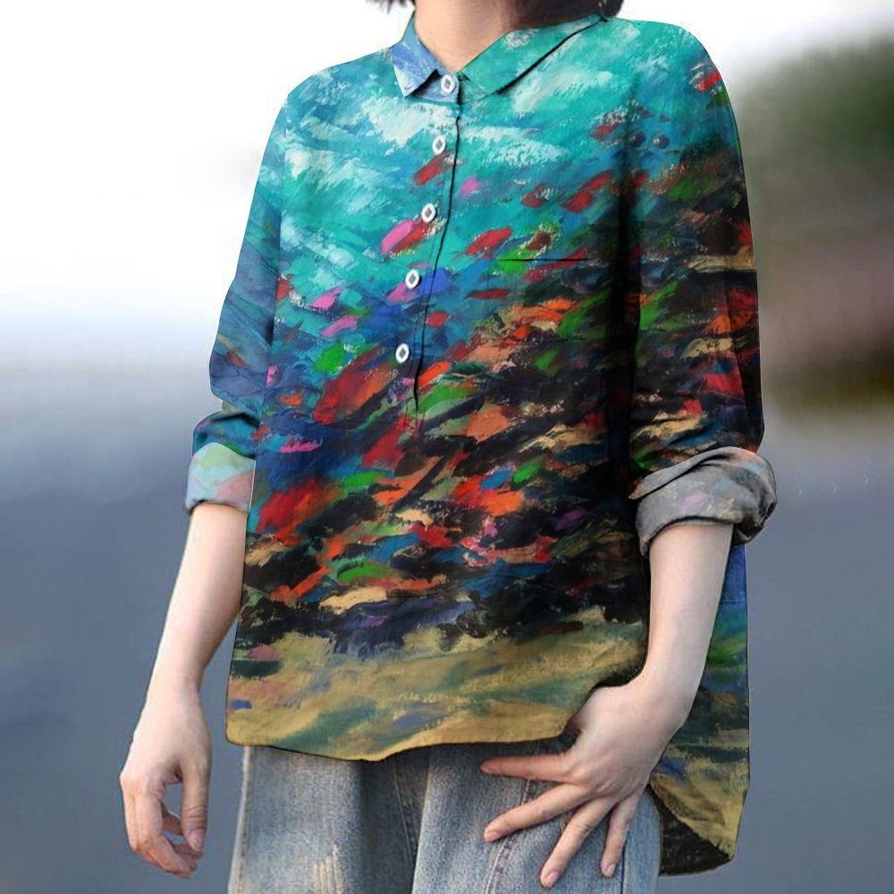 Women's Gradient Color Block Fish Art Print Casual Shirt