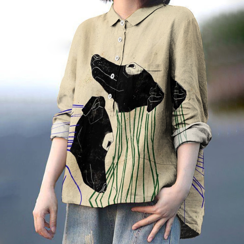 Women's Retro Colorblock Line Puppy Print Casual Cotton And Linen Shirt