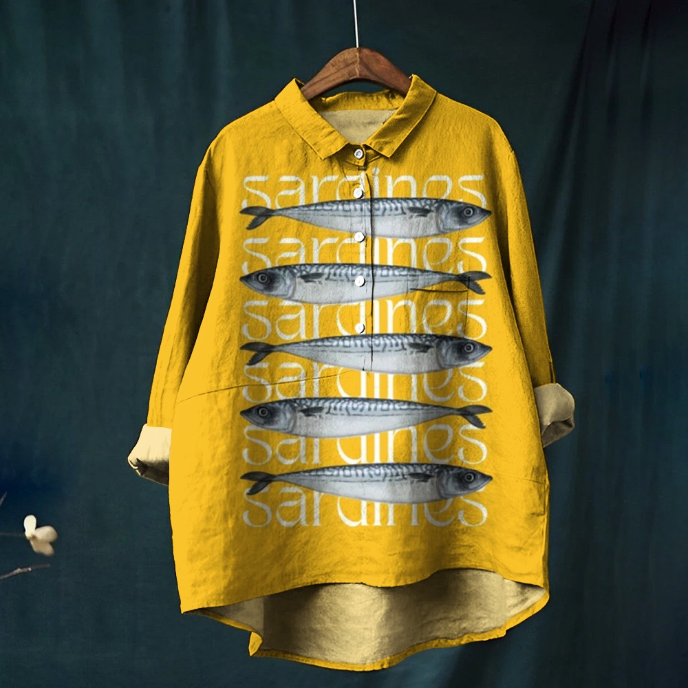 Women's Vintage Sardines Print Casual Cotton And Linen Shirt