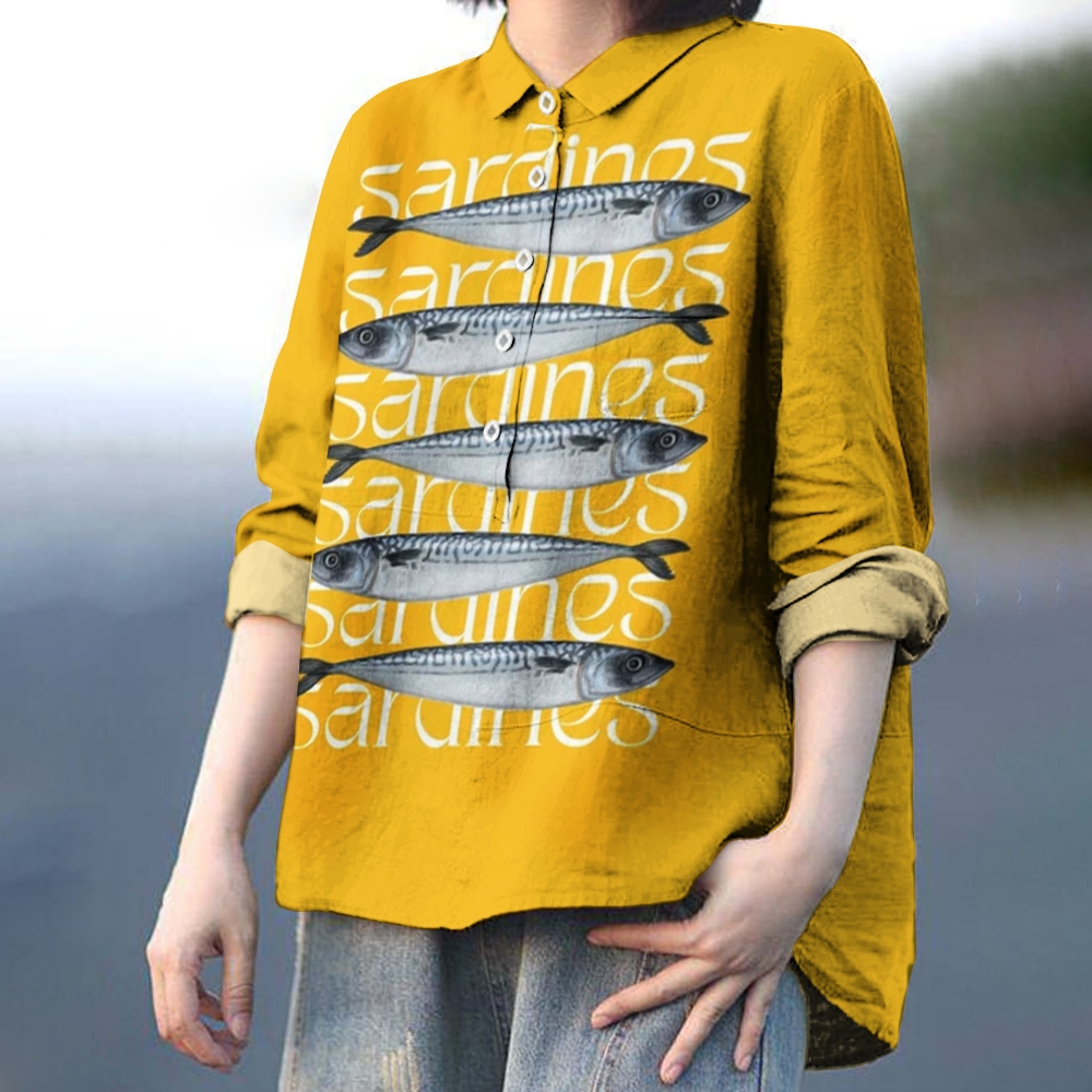 Women's Vintage Sardines Print Casual Cotton And Linen Shirt