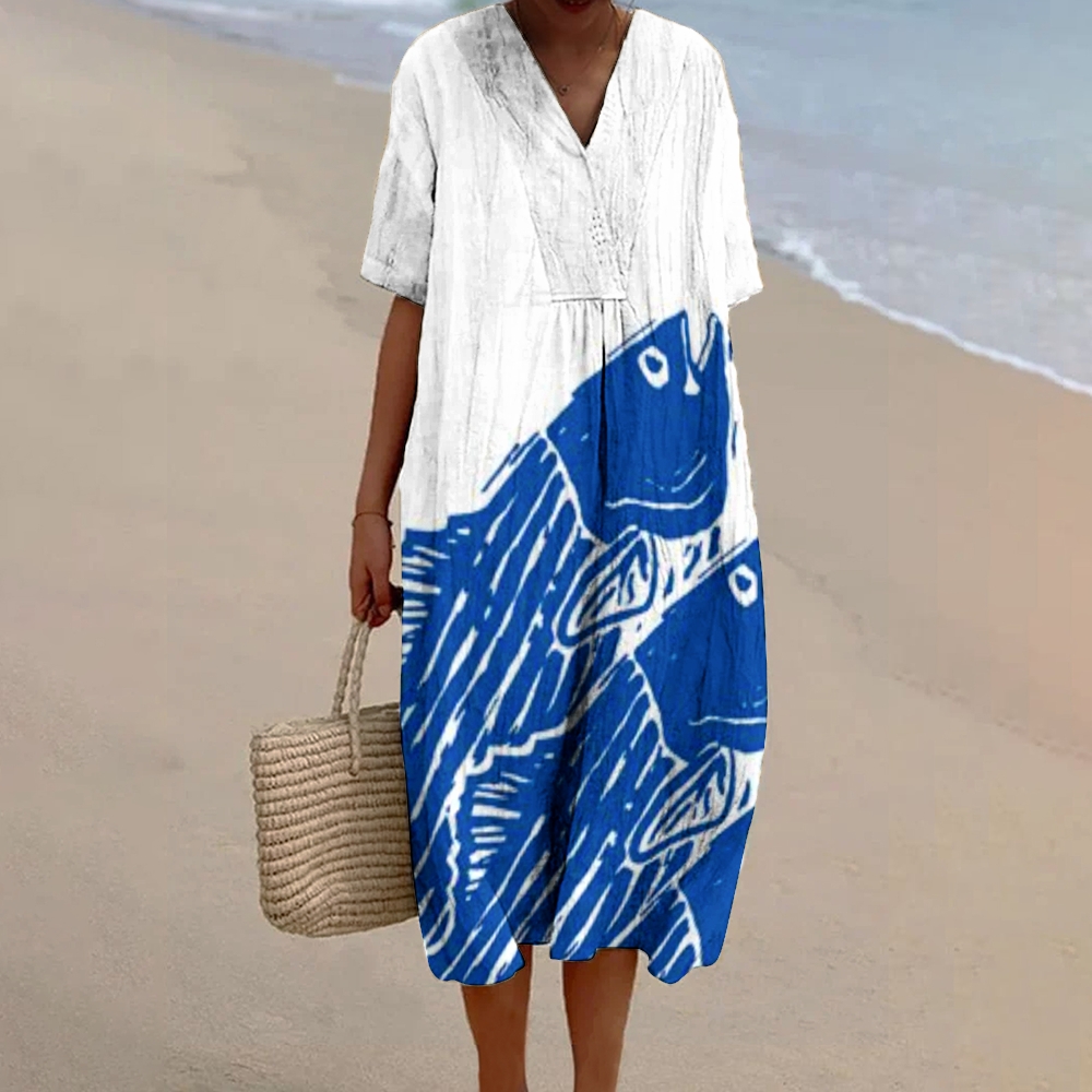Women's Fish Print Flowy Linen Dress