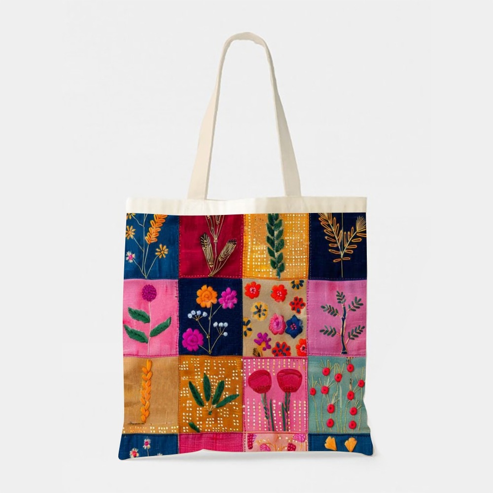 Flower Splicing Print Pattern Linen Tote Bag