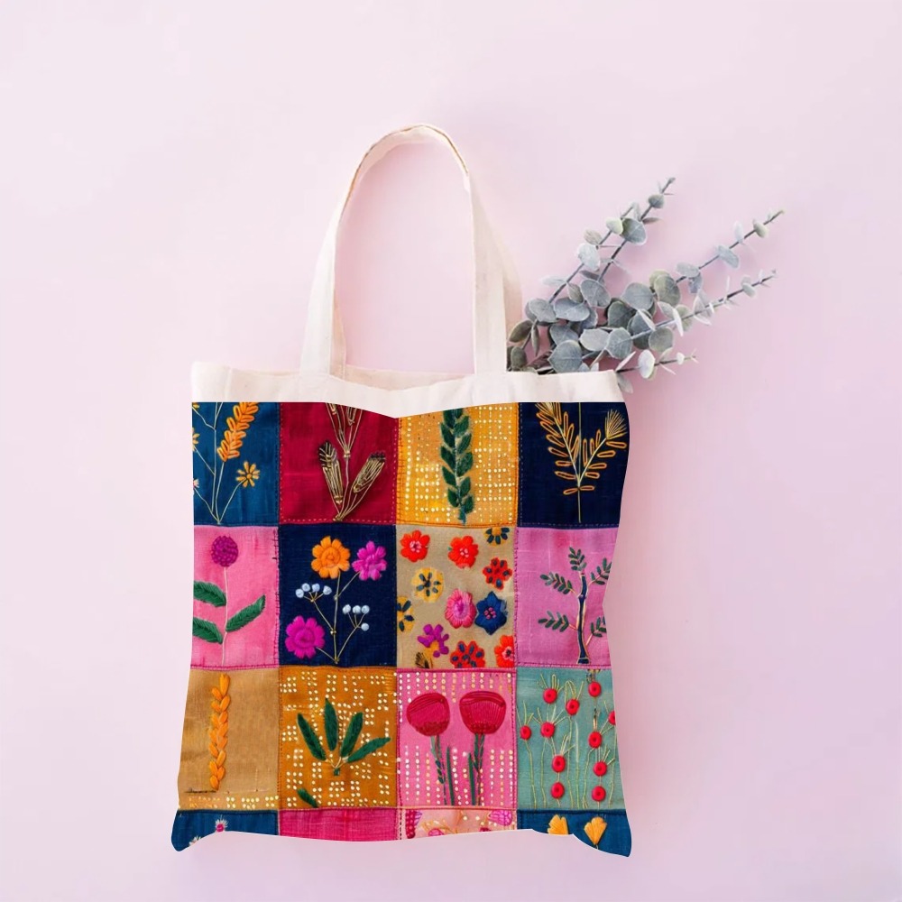 Flower Splicing Print Pattern Linen Tote Bag