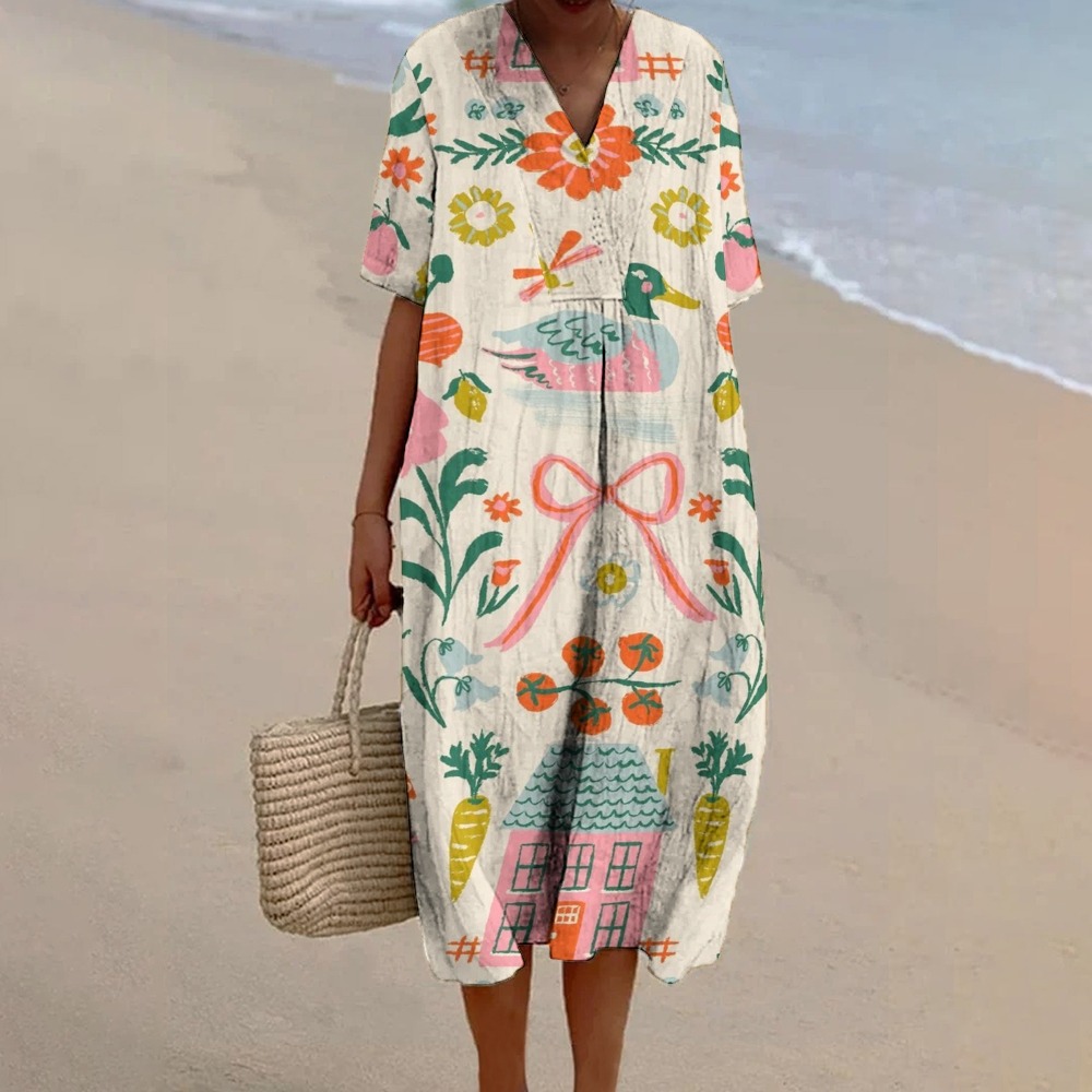 Women's Flowers Print Flowy Cotton And Linen Dress