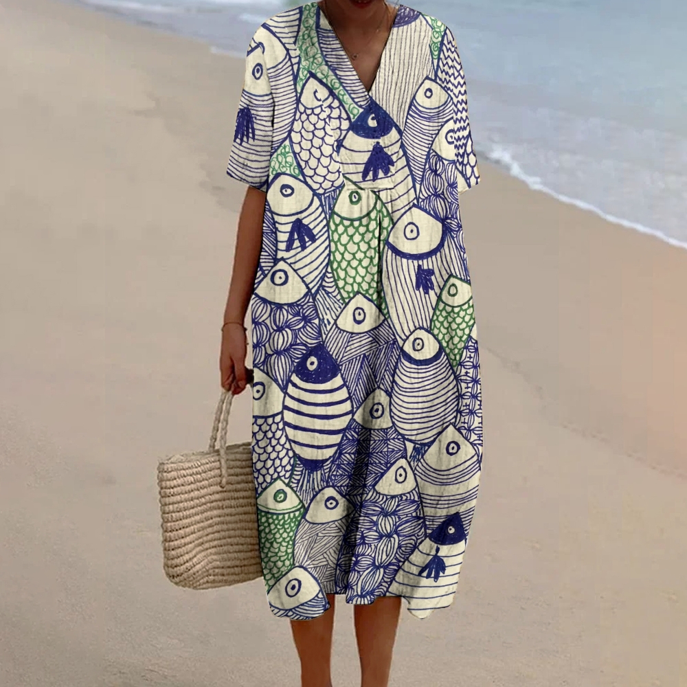Women's Colorblock Fish Art Print Flowy Dress
