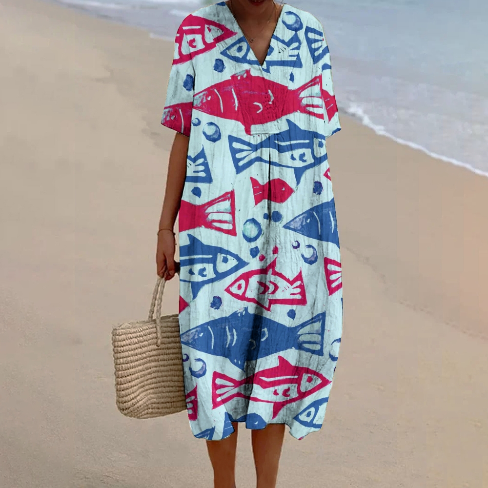 Women's Colorblock Fish Print Flowy Dress