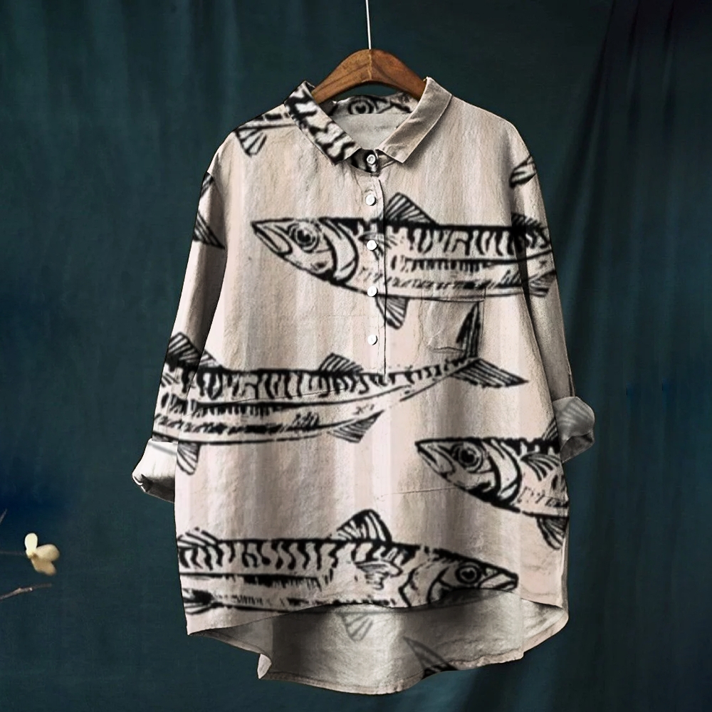 Women's Striped Fish Print Casual Shirt