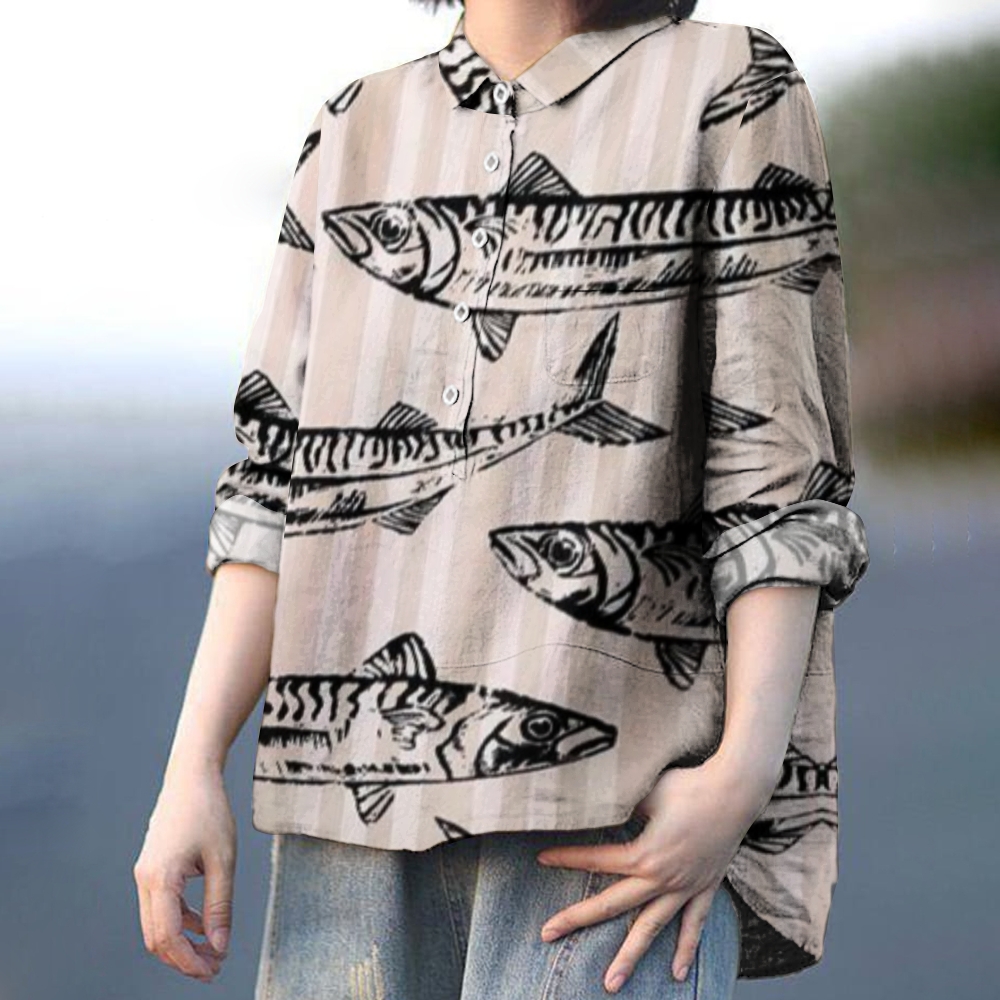 Women's Striped Fish Print Casual Shirt