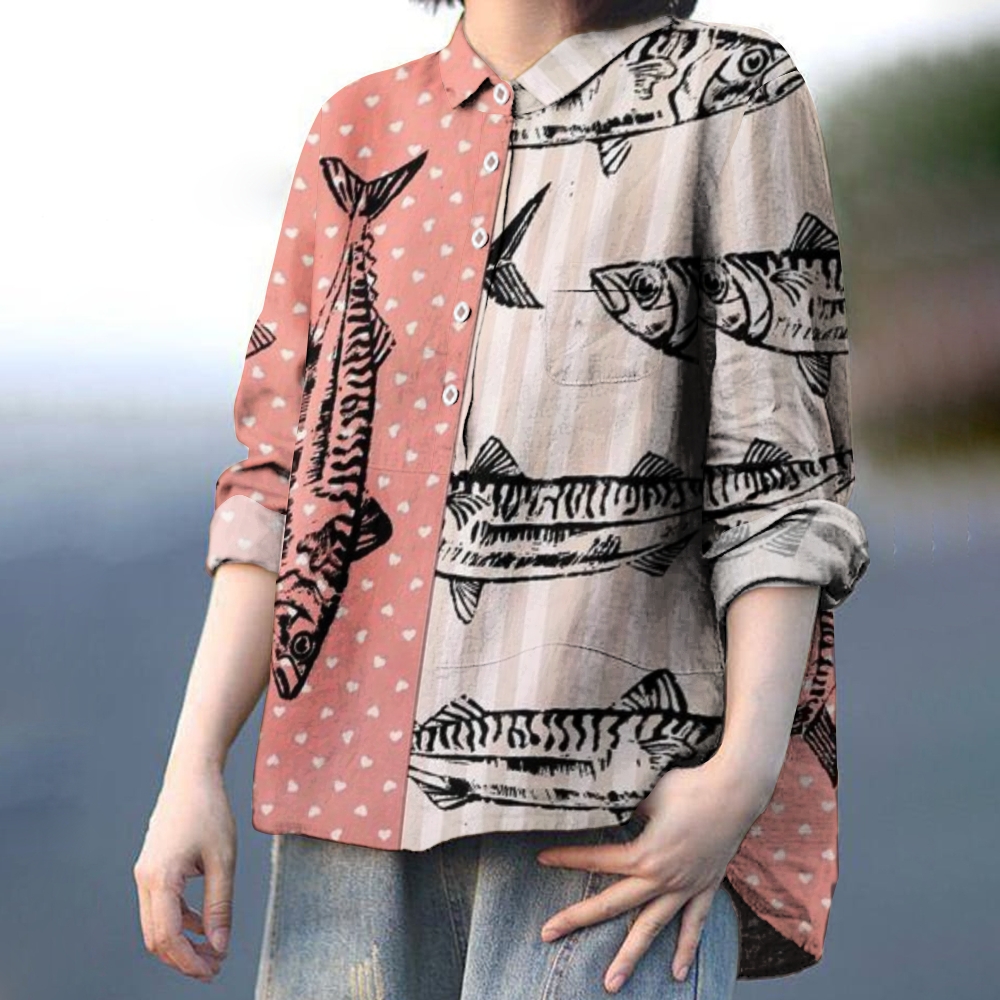 Women's Colorblock Fish Print Casual Shirt