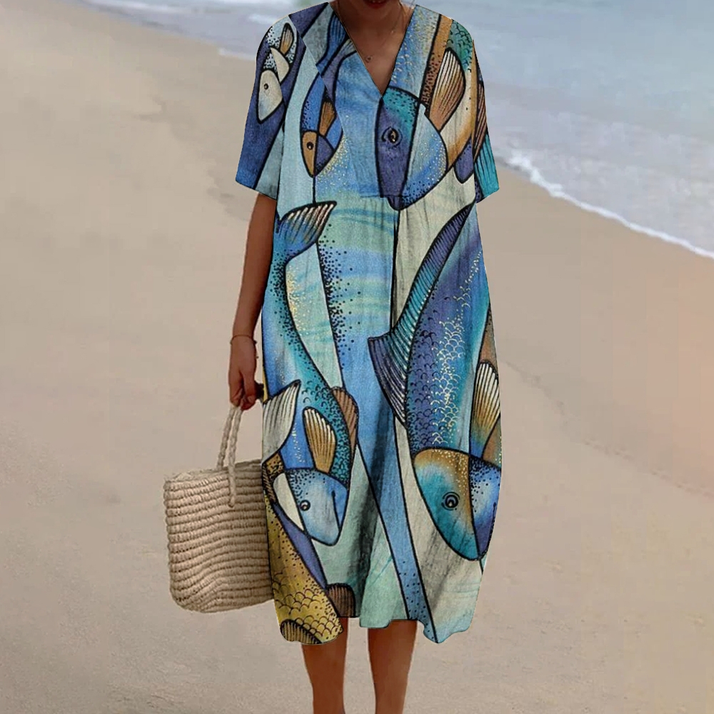 Women's Colorblock Fish Art Print Flowy Dress