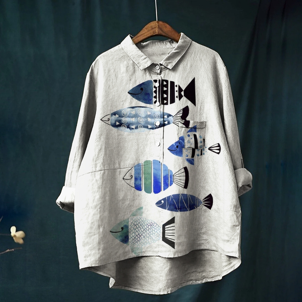 Women's Blue Fish Art Print Casual Shirt