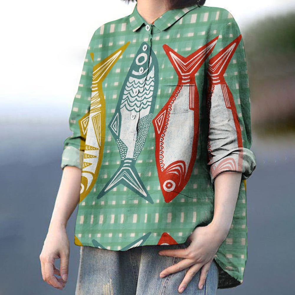 Women's Plaid Colorblock Fish Art Print Casual Shirt