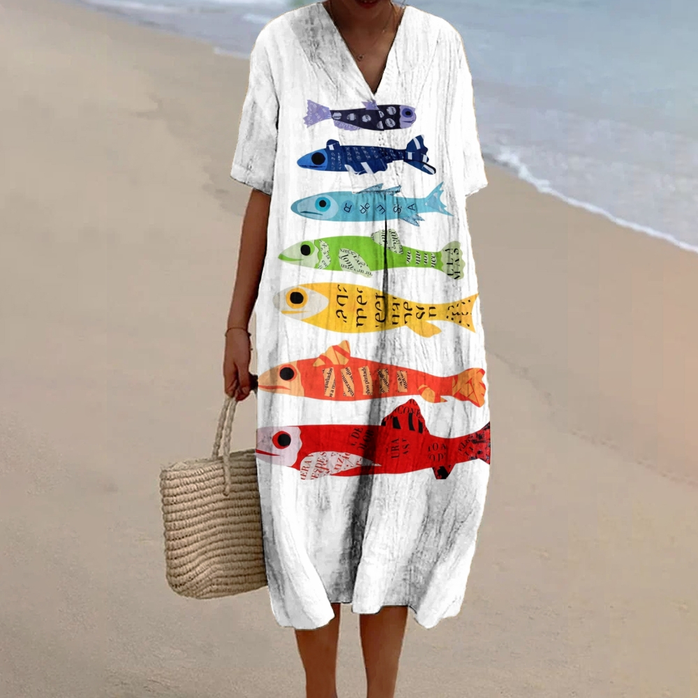 Women's Colorful Rainbow Fish Print Flowy Dress