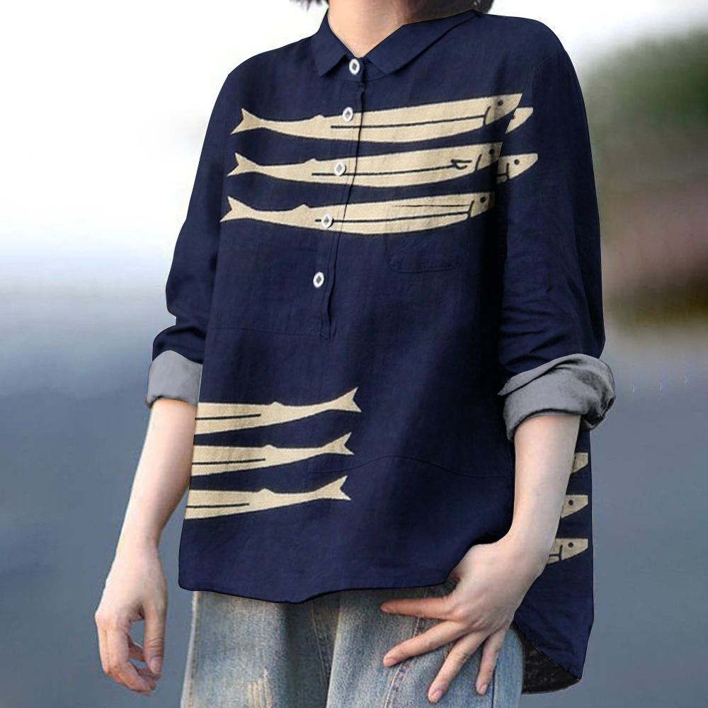 Women's Sardine Print Casual Cotton And Linen Shirt