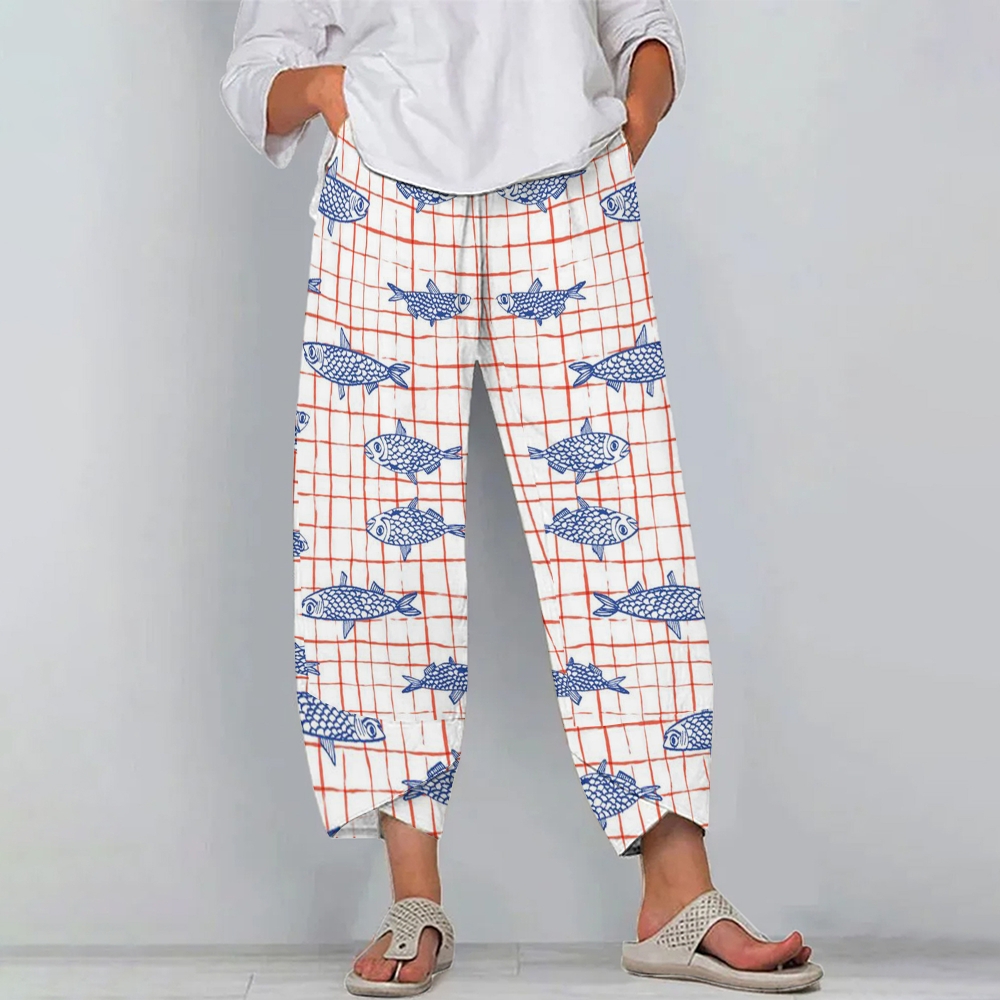 Women's Casual Fish Printed Cotton And Linen Pants