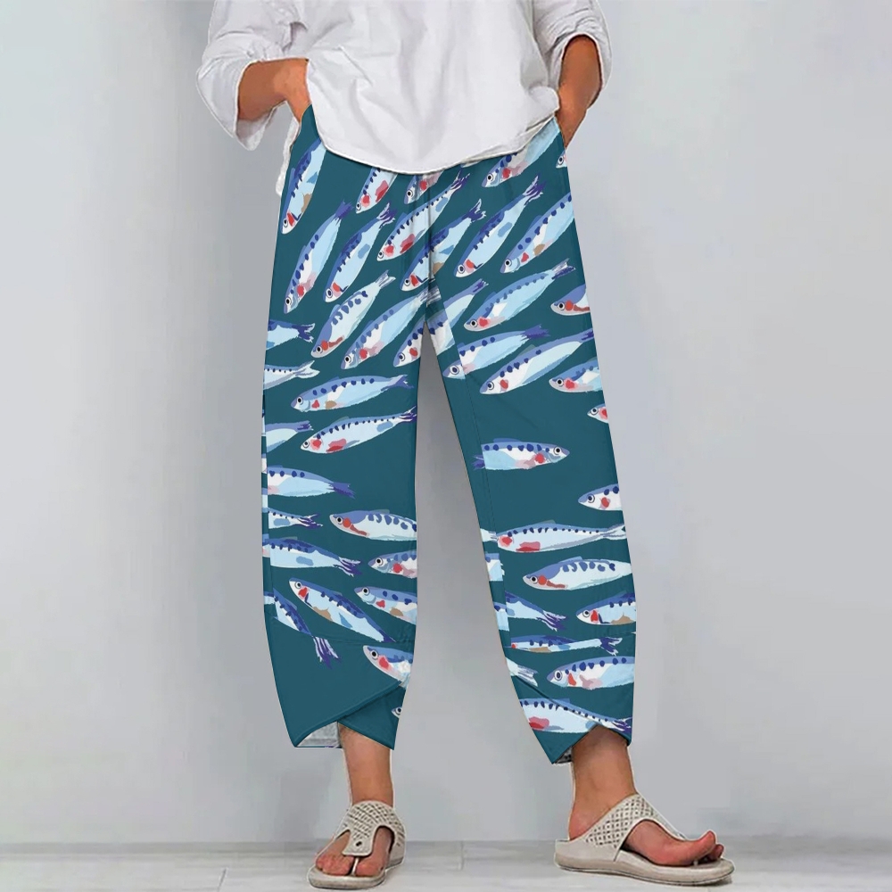 Women's Casual Fish Printed Cotton And Linen Pants