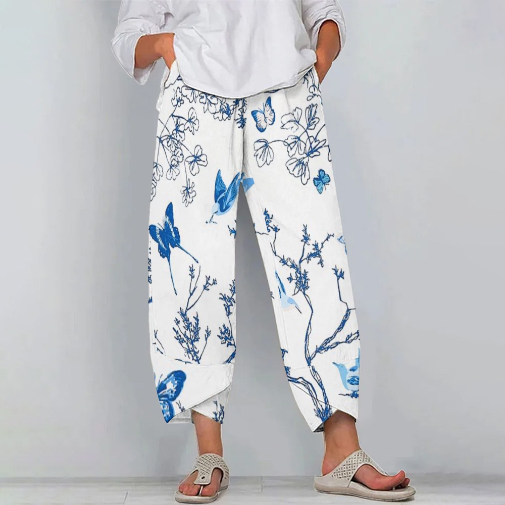 Women's Casual Flowers And Butterflies Printed Cotton And Linen Pants
