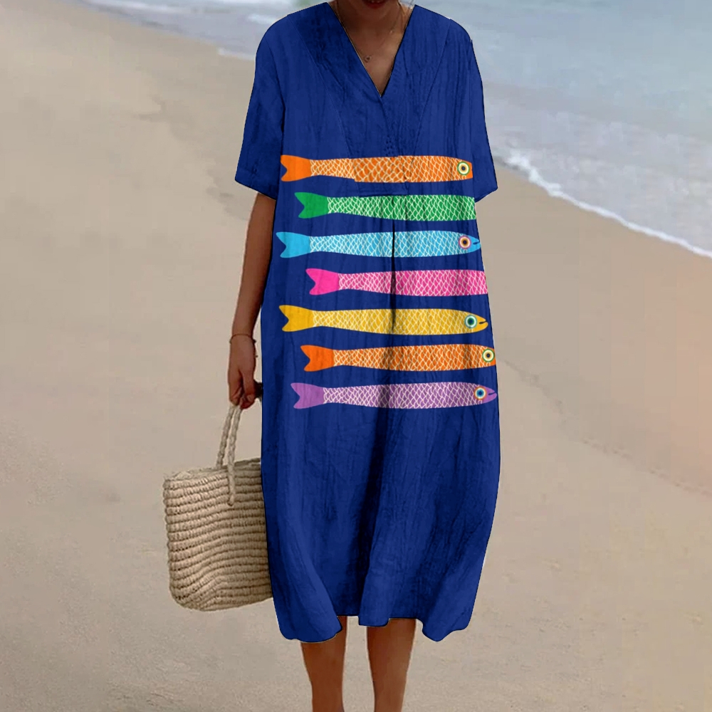 Women's Colorful Fish Print Flowy Linen Dress