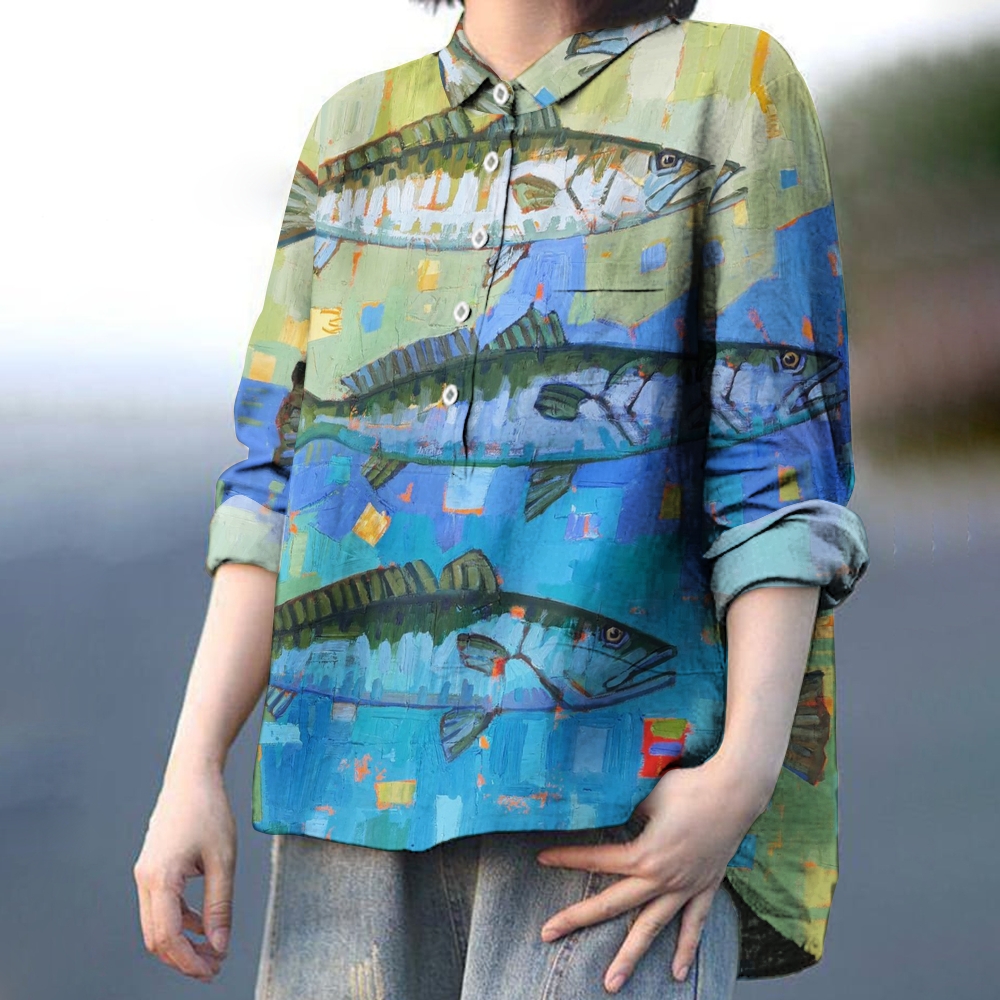 Women's Fish Colorblock Art Print Casual Shirt