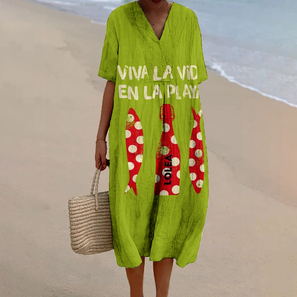 Women's Vintage Sardines Print Flowy   Dress