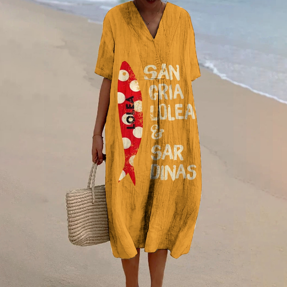 Women's Vintage Sardines Print Flowy   Dress