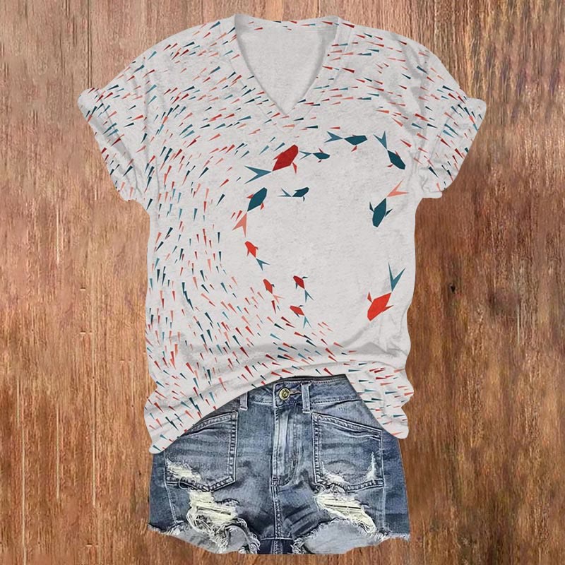 Gradient Geometric School Of Fish Print Casual V-neck T-shirt