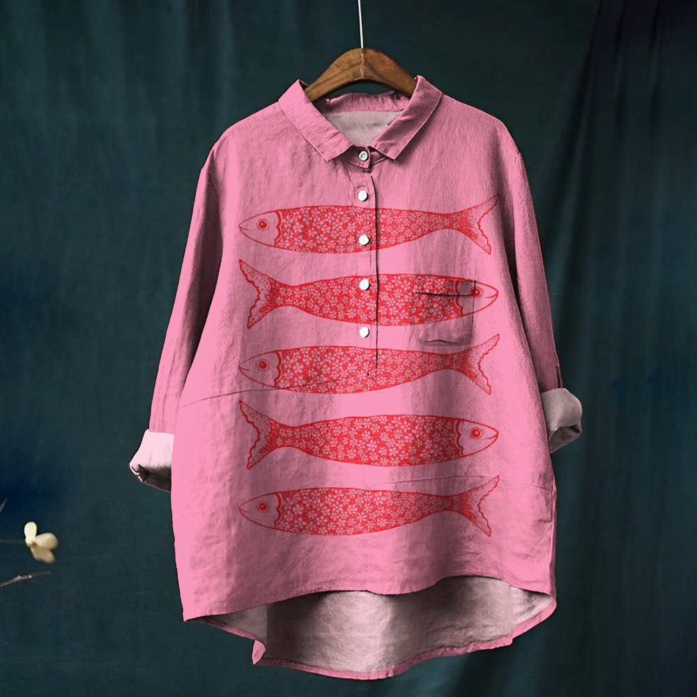 Women's Vintage Fish Print Casual Cotton And Linen Shirt