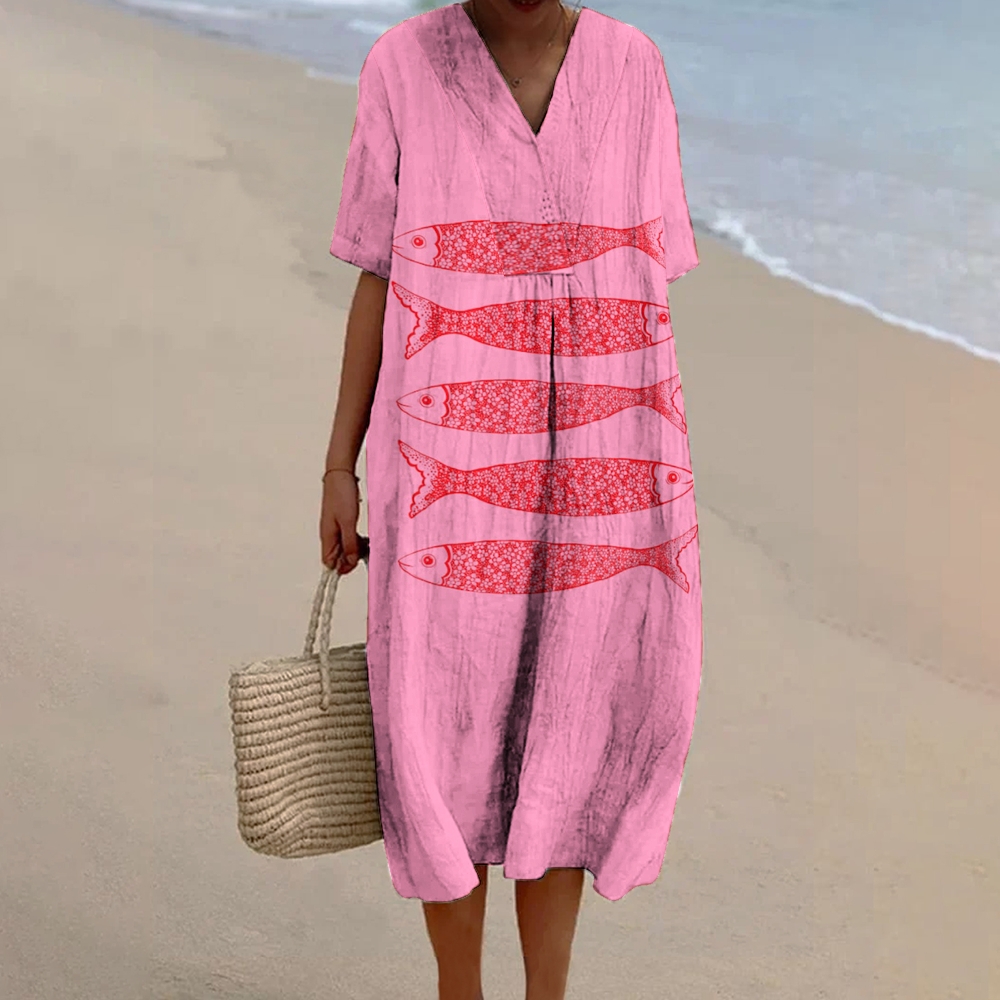 Women's Vintage Fish Print Flowy Linen Dress