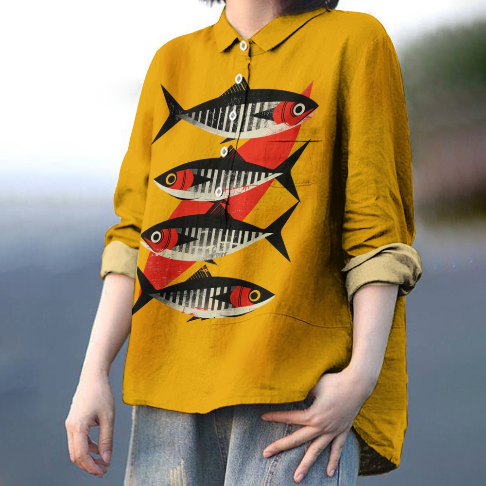 Women's Art Fish Print Casual Cotton And Linen Shirt